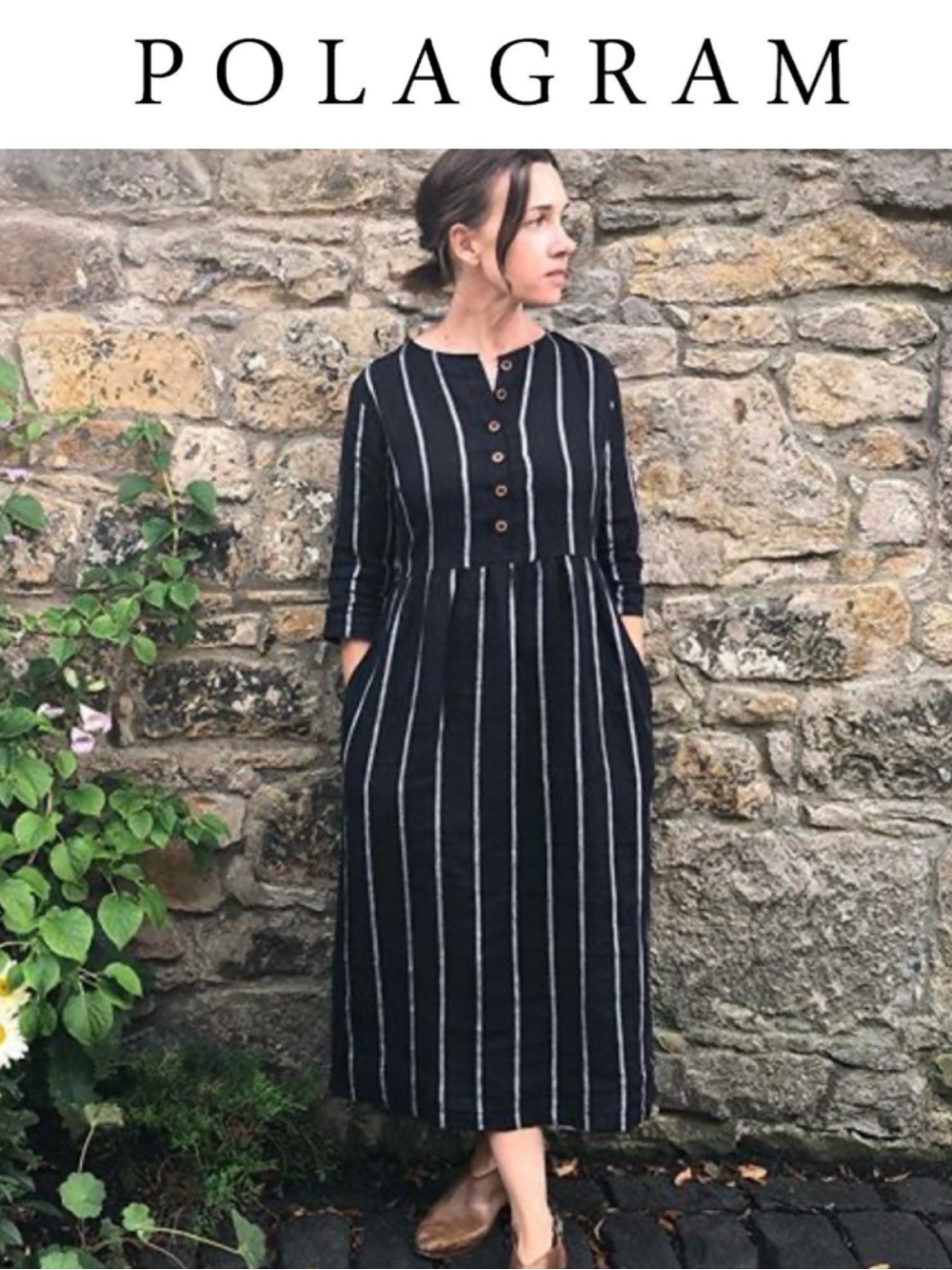 POLOGRAM NAVY LINEN BLEND STRIPED MIDI DRESS BUTTON FRONT COTTAGECORE SIZE SMALL